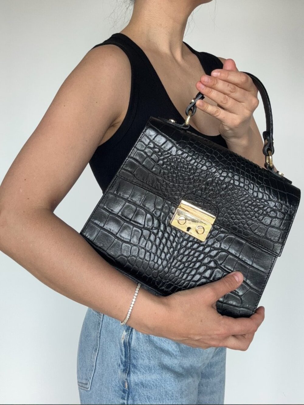 Classic Black Genuine Italian Leather Croc Top Handle Bag